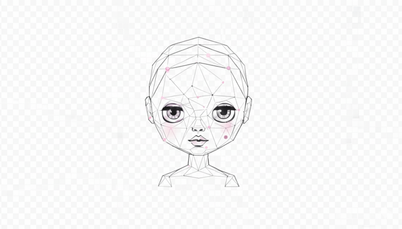 Blythe doll face with geometric patterns - minimalist art style